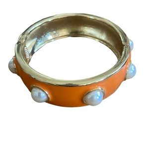 Cuff Bangle Bracelet Orange Pearl Gold Tone Costume Jewelry Summer Coastal Gift